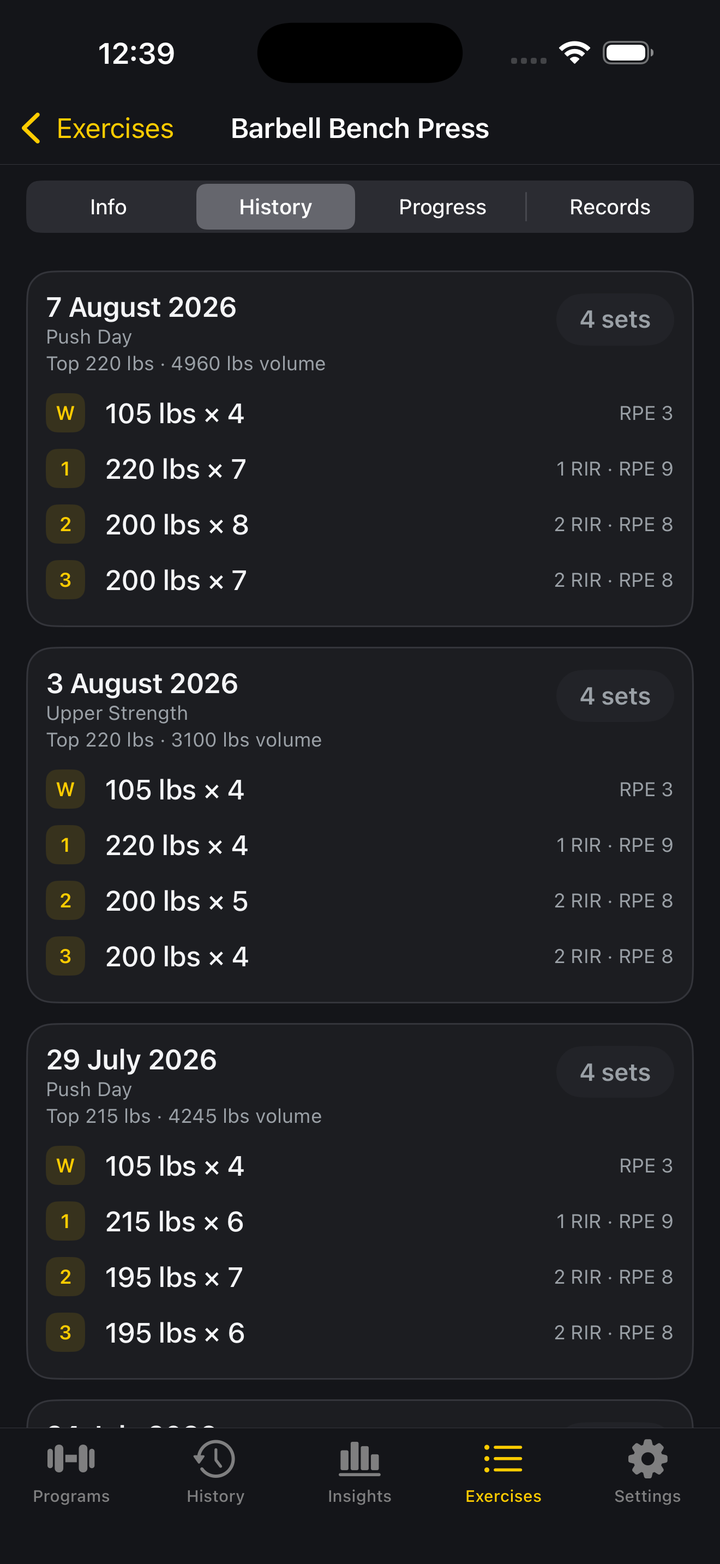 Loadex exercise history showing each logged session with the workout it belonged to