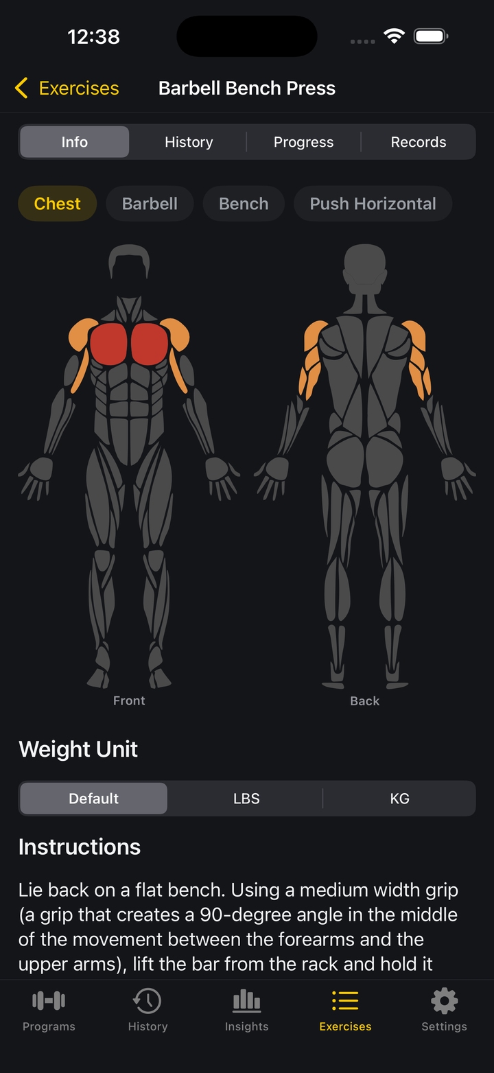 Loadex exercise detail page showing a muscle diagram with primary muscles in red and secondary muscles in orange