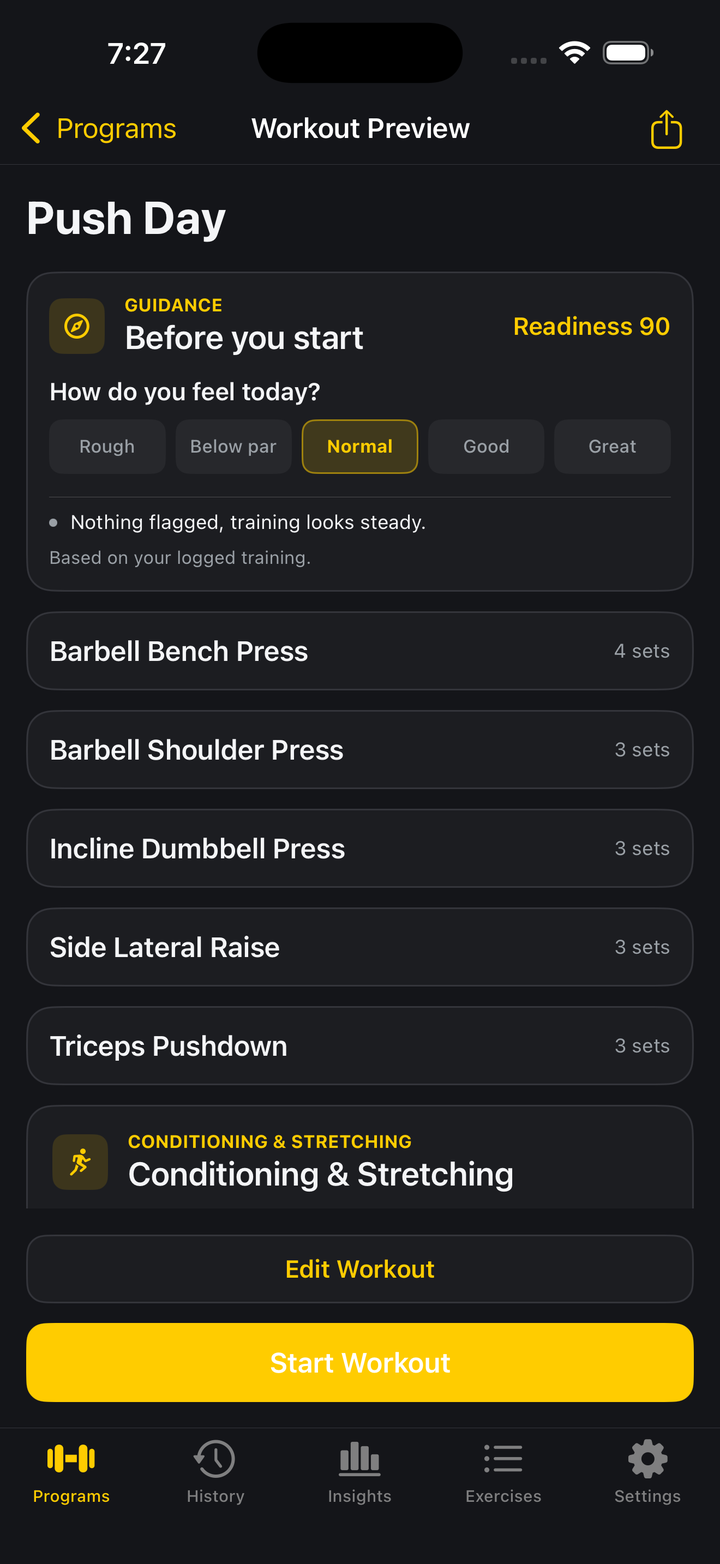Loadex Workout Preview for Push Day showing a readiness score of 90, a daily check-in, the planned exercises, and a Conditioning and Stretching block