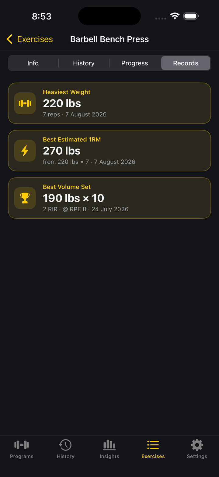 Loadex exercise Records tab showing Heaviest Weight, Best Estimated 1RM, and Best Volume Set for Barbell Bench Press